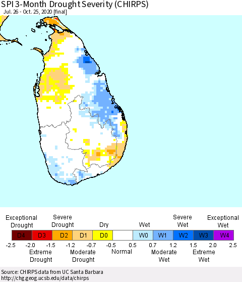 Sri Lanka SPI 3-Month Drought Severity (CHIRPS) Thematic Map For 7/26/2020 - 10/25/2020