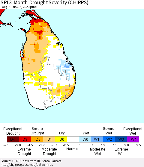 Sri Lanka SPI 3-Month Drought Severity (CHIRPS) Thematic Map For 8/6/2020 - 11/5/2020