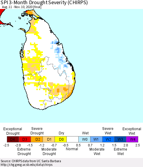 Sri Lanka SPI 3-Month Drought Severity (CHIRPS) Thematic Map For 8/11/2020 - 11/10/2020
