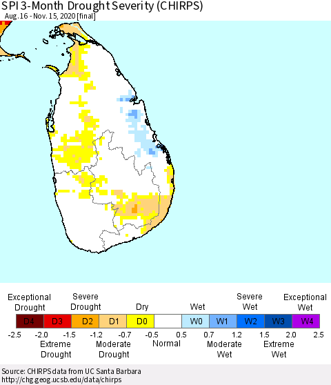 Sri Lanka SPI 3-Month Drought Severity (CHIRPS) Thematic Map For 8/16/2020 - 11/15/2020