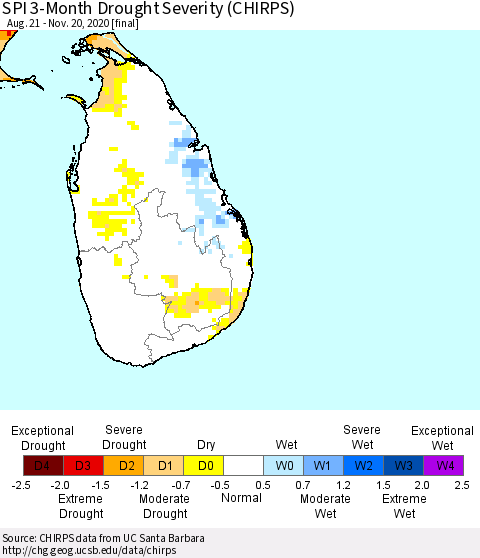 Sri Lanka SPI 3-Month Drought Severity (CHIRPS) Thematic Map For 8/21/2020 - 11/20/2020