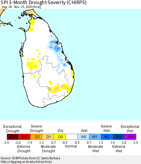 Sri Lanka SPI 3-Month Drought Severity (CHIRPS) Thematic Map For 8/26/2020 - 11/25/2020