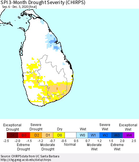Sri Lanka SPI 3-Month Drought Severity (CHIRPS) Thematic Map For 9/6/2020 - 12/5/2020