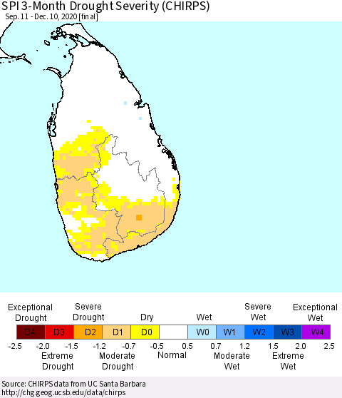 Sri Lanka SPI 3-Month Drought Severity (CHIRPS) Thematic Map For 9/11/2020 - 12/10/2020