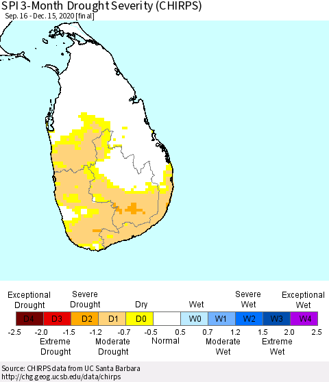 Sri Lanka SPI 3-Month Drought Severity (CHIRPS) Thematic Map For 9/16/2020 - 12/15/2020