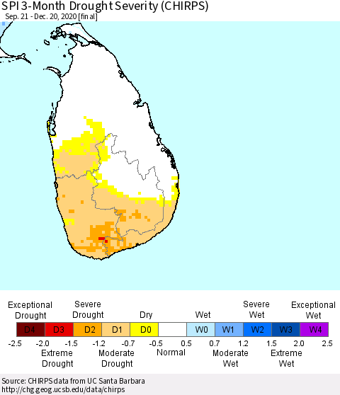 Sri Lanka SPI 3-Month Drought Severity (CHIRPS) Thematic Map For 9/21/2020 - 12/20/2020