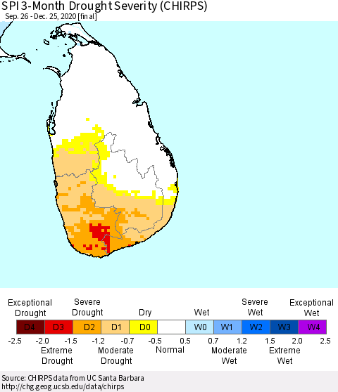Sri Lanka SPI 3-Month Drought Severity (CHIRPS) Thematic Map For 9/26/2020 - 12/25/2020