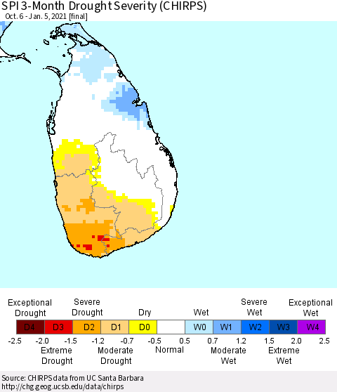Sri Lanka SPI 3-Month Drought Severity (CHIRPS) Thematic Map For 10/6/2020 - 1/5/2021