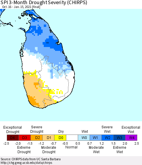 Sri Lanka SPI 3-Month Drought Severity (CHIRPS) Thematic Map For 10/16/2020 - 1/15/2021