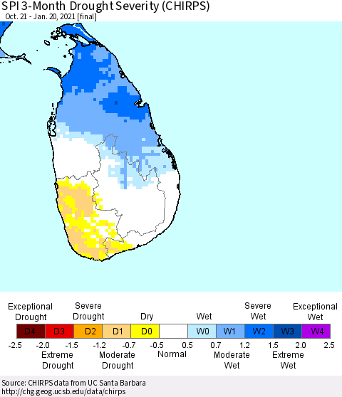 Sri Lanka SPI 3-Month Drought Severity (CHIRPS) Thematic Map For 10/21/2020 - 1/20/2021
