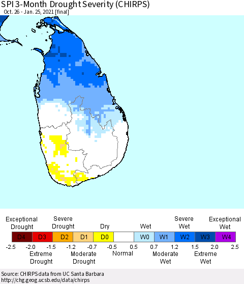 Sri Lanka SPI 3-Month Drought Severity (CHIRPS) Thematic Map For 10/26/2020 - 1/25/2021