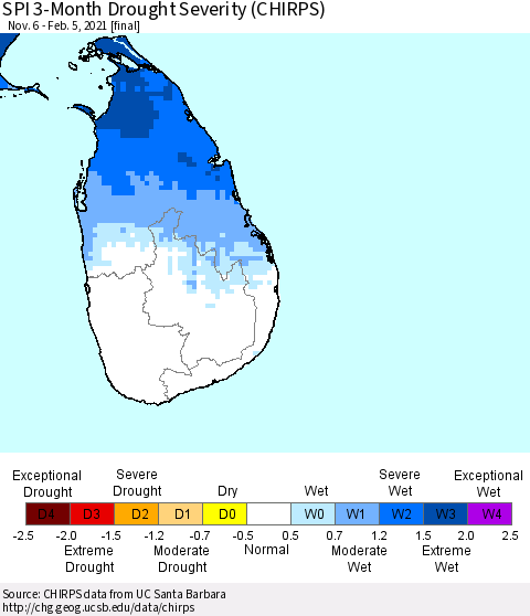 Sri Lanka SPI 3-Month Drought Severity (CHIRPS) Thematic Map For 11/6/2020 - 2/5/2021