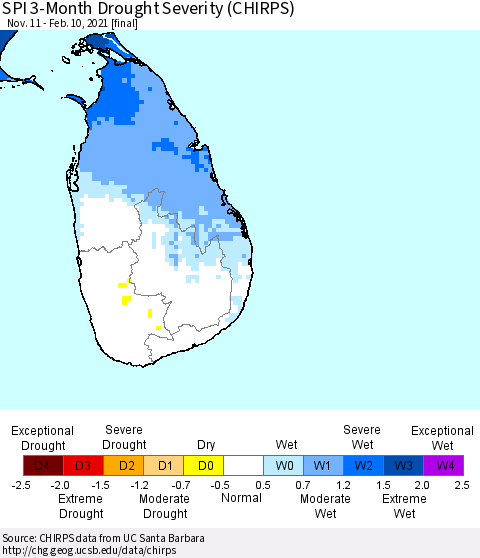 Sri Lanka SPI 3-Month Drought Severity (CHIRPS) Thematic Map For 11/11/2020 - 2/10/2021