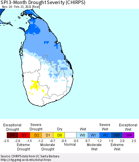Sri Lanka SPI 3-Month Drought Severity (CHIRPS) Thematic Map For 11/16/2020 - 2/15/2021