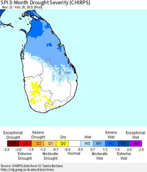 Sri Lanka SPI 3-Month Drought Severity (CHIRPS) Thematic Map For 11/21/2020 - 2/20/2021