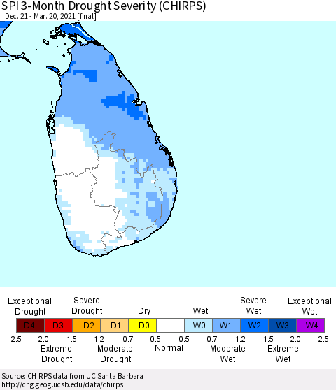 Sri Lanka SPI 3-Month Drought Severity (CHIRPS) Thematic Map For 12/21/2020 - 3/20/2021