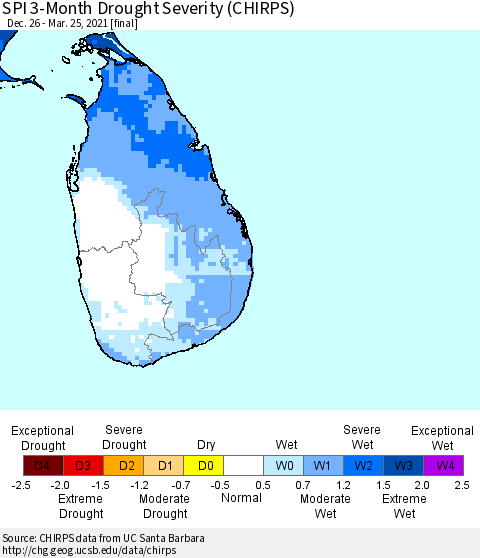 Sri Lanka SPI 3-Month Drought Severity (CHIRPS) Thematic Map For 12/26/2020 - 3/25/2021