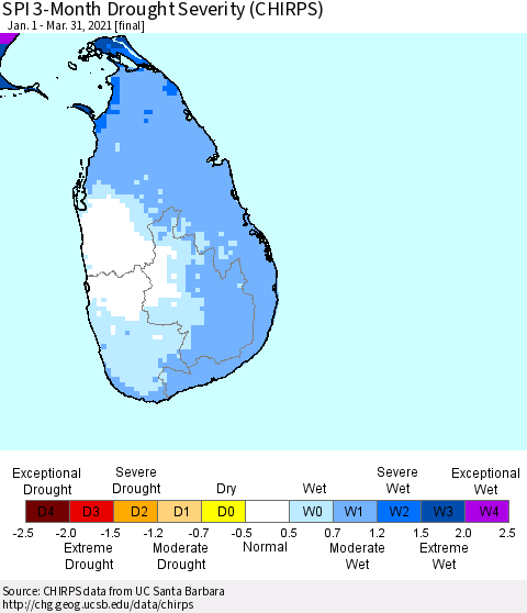 Sri Lanka SPI 3-Month Drought Severity (CHIRPS) Thematic Map For 1/1/2021 - 3/31/2021