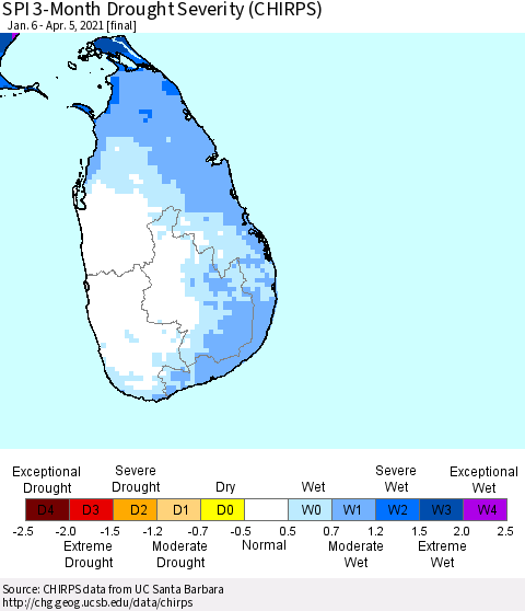 Sri Lanka SPI 3-Month Drought Severity (CHIRPS) Thematic Map For 1/6/2021 - 4/5/2021