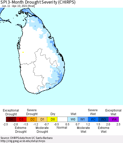Sri Lanka SPI 3-Month Drought Severity (CHIRPS) Thematic Map For 1/11/2021 - 4/10/2021