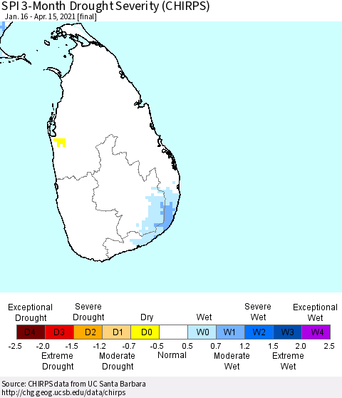 Sri Lanka SPI 3-Month Drought Severity (CHIRPS) Thematic Map For 1/16/2021 - 4/15/2021