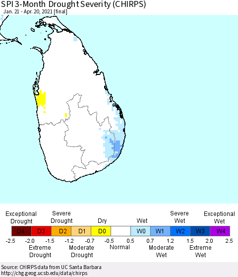 Sri Lanka SPI 3-Month Drought Severity (CHIRPS) Thematic Map For 1/21/2021 - 4/20/2021