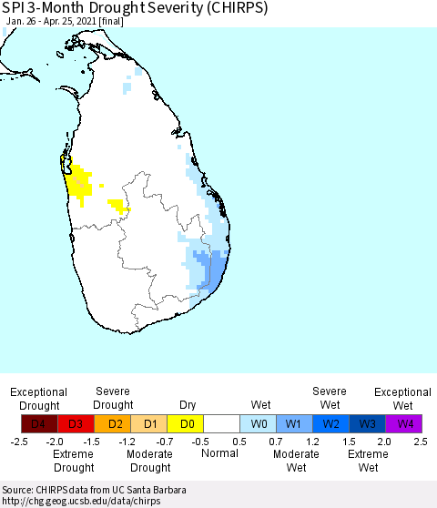 Sri Lanka SPI 3-Month Drought Severity (CHIRPS) Thematic Map For 1/26/2021 - 4/25/2021