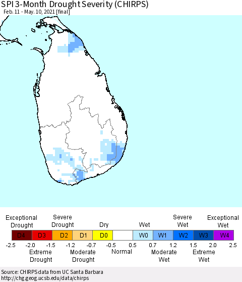Sri Lanka SPI 3-Month Drought Severity (CHIRPS) Thematic Map For 2/11/2021 - 5/10/2021