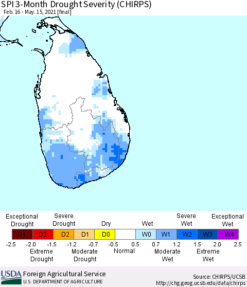 Sri Lanka SPI 3-Month Drought Severity (CHIRPS) Thematic Map For 2/16/2021 - 5/15/2021