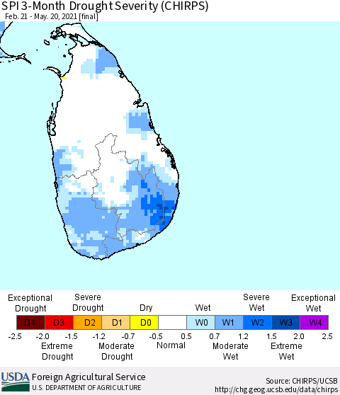 Sri Lanka SPI 3-Month Drought Severity (CHIRPS) Thematic Map For 2/21/2021 - 5/20/2021