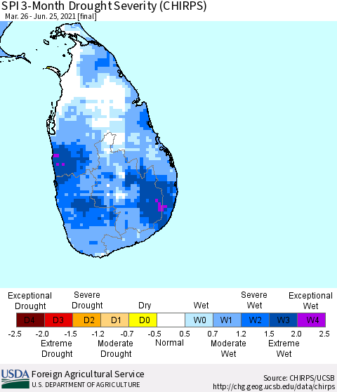 Sri Lanka SPI 3-Month Drought Severity (CHIRPS) Thematic Map For 3/26/2021 - 6/25/2021