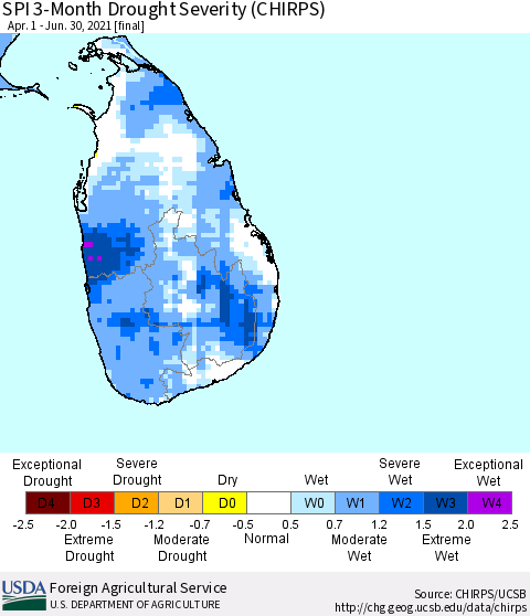 Sri Lanka SPI 3-Month Drought Severity (CHIRPS) Thematic Map For 4/1/2021 - 6/30/2021