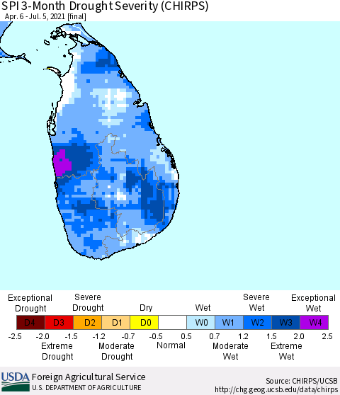 Sri Lanka SPI 3-Month Drought Severity (CHIRPS) Thematic Map For 4/6/2021 - 7/5/2021