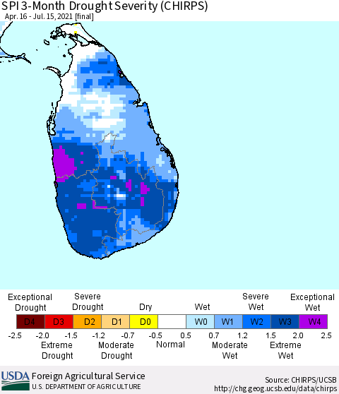Sri Lanka SPI 3-Month Drought Severity (CHIRPS) Thematic Map For 4/16/2021 - 7/15/2021