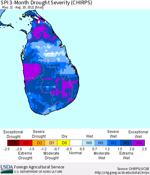 Sri Lanka SPI 3-Month Drought Severity (CHIRPS) Thematic Map For 5/21/2021 - 8/20/2021