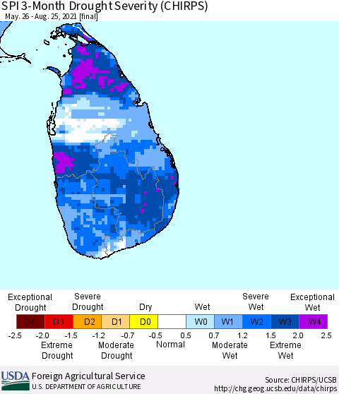 Sri Lanka SPI 3-Month Drought Severity (CHIRPS) Thematic Map For 5/26/2021 - 8/25/2021