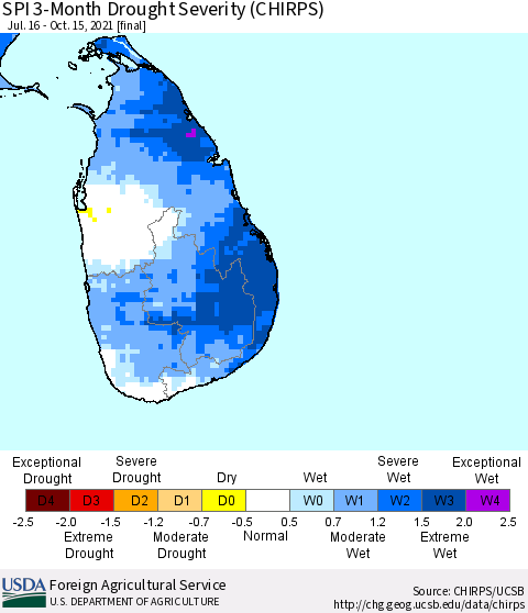 Sri Lanka SPI 3-Month Drought Severity (CHIRPS) Thematic Map For 7/16/2021 - 10/15/2021