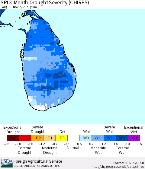 Sri Lanka SPI 3-Month Drought Severity (CHIRPS) Thematic Map For 8/6/2021 - 11/5/2021
