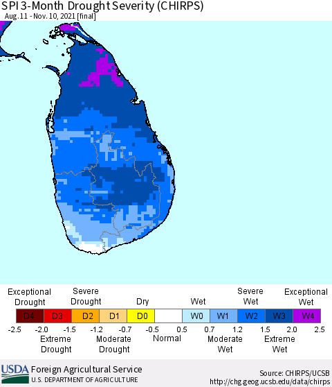 Sri Lanka SPI 3-Month Drought Severity (CHIRPS) Thematic Map For 8/11/2021 - 11/10/2021