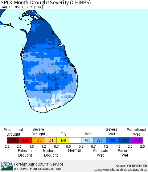 Sri Lanka SPI 3-Month Drought Severity (CHIRPS) Thematic Map For 8/16/2021 - 11/15/2021