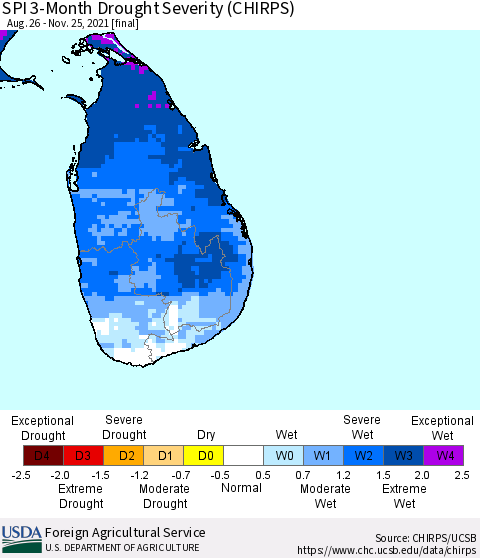 Sri Lanka SPI 3-Month Drought Severity (CHIRPS) Thematic Map For 8/26/2021 - 11/25/2021