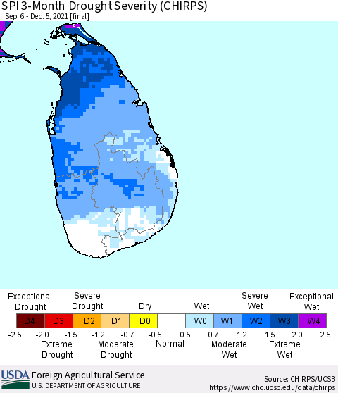 Sri Lanka SPI 3-Month Drought Severity (CHIRPS) Thematic Map For 9/6/2021 - 12/5/2021