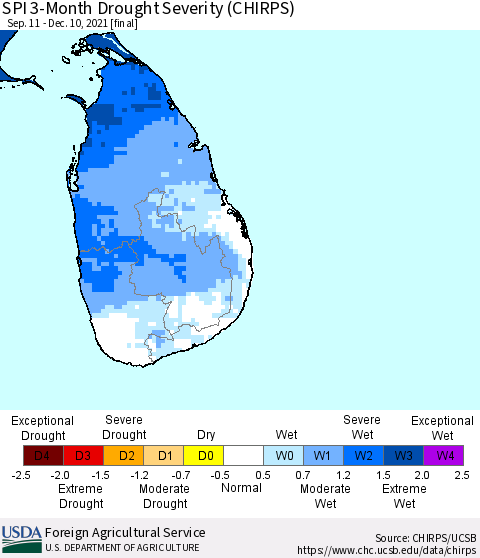 Sri Lanka SPI 3-Month Drought Severity (CHIRPS) Thematic Map For 9/11/2021 - 12/10/2021