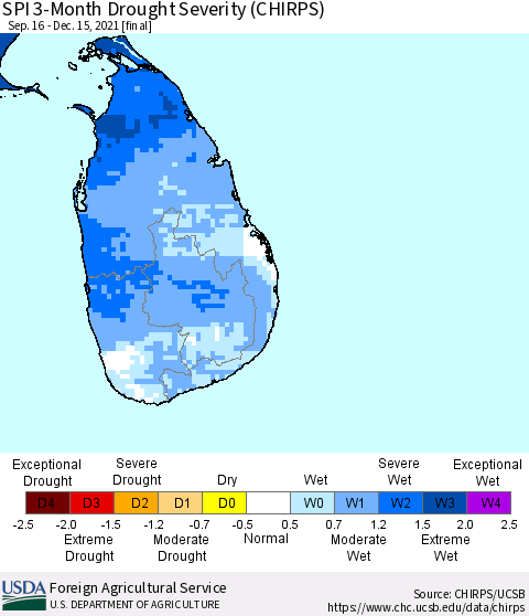 Sri Lanka SPI 3-Month Drought Severity (CHIRPS) Thematic Map For 9/16/2021 - 12/15/2021