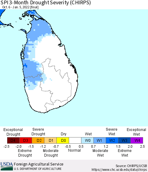 Sri Lanka SPI 3-Month Drought Severity (CHIRPS) Thematic Map For 10/6/2021 - 1/5/2022