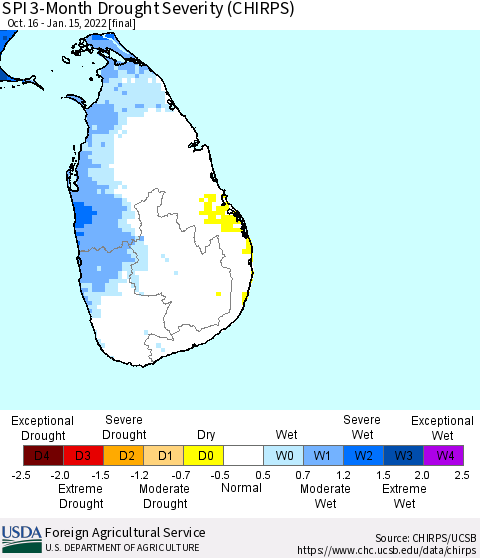 Sri Lanka SPI 3-Month Drought Severity (CHIRPS) Thematic Map For 10/16/2021 - 1/15/2022
