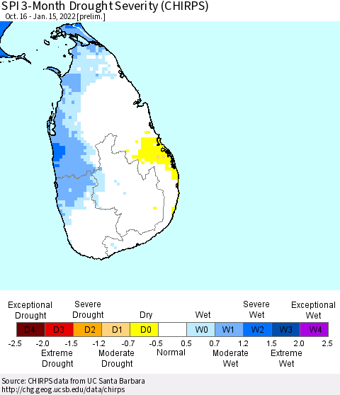 Sri Lanka SPI 3-Month Drought Severity (CHIRPS) Thematic Map For 10/16/2021 - 1/15/2022