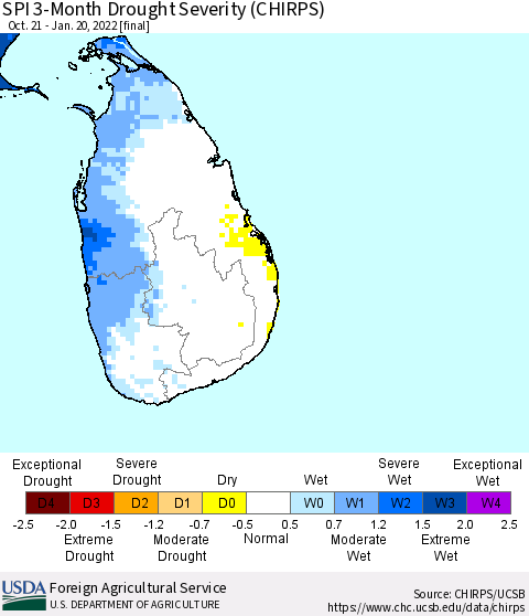 Sri Lanka SPI 3-Month Drought Severity (CHIRPS) Thematic Map For 10/21/2021 - 1/20/2022