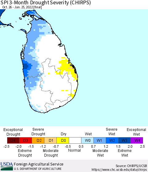 Sri Lanka SPI 3-Month Drought Severity (CHIRPS) Thematic Map For 10/26/2021 - 1/25/2022