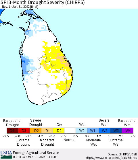 Sri Lanka SPI 3-Month Drought Severity (CHIRPS) Thematic Map For 11/1/2021 - 1/31/2022